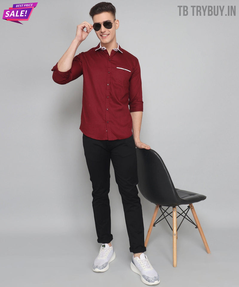 Maroon Mandarin Collar Cotton Shirt for Men 7