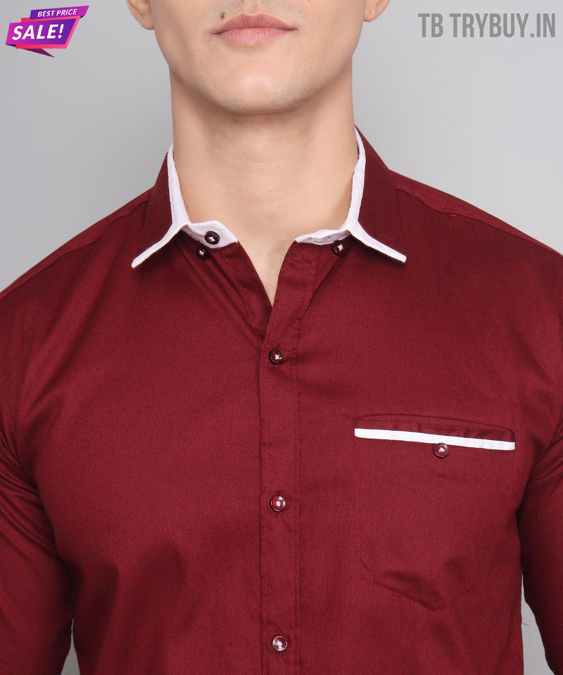Maroon Mandarin Collar Cotton Shirt for Men 3