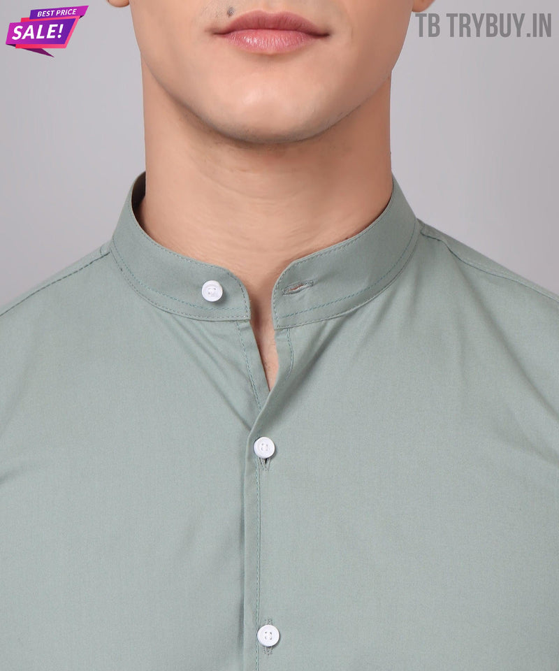 Ocean Green Cotton Mandarin Collar Shirt 3