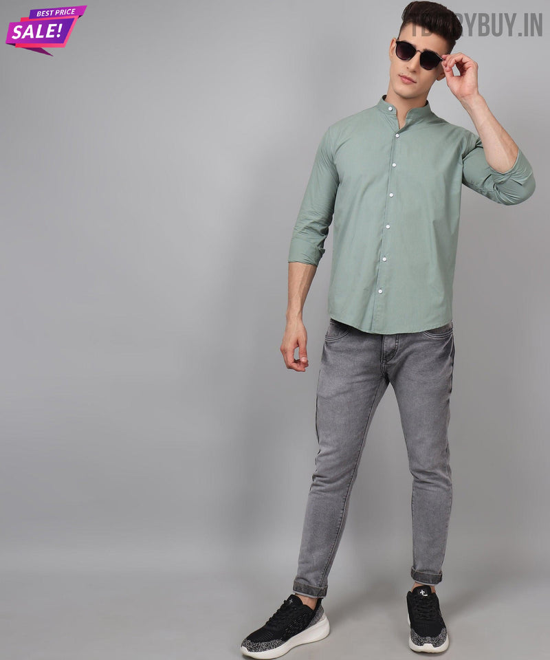 Ocean Green Cotton Mandarin Collar Shirt 5