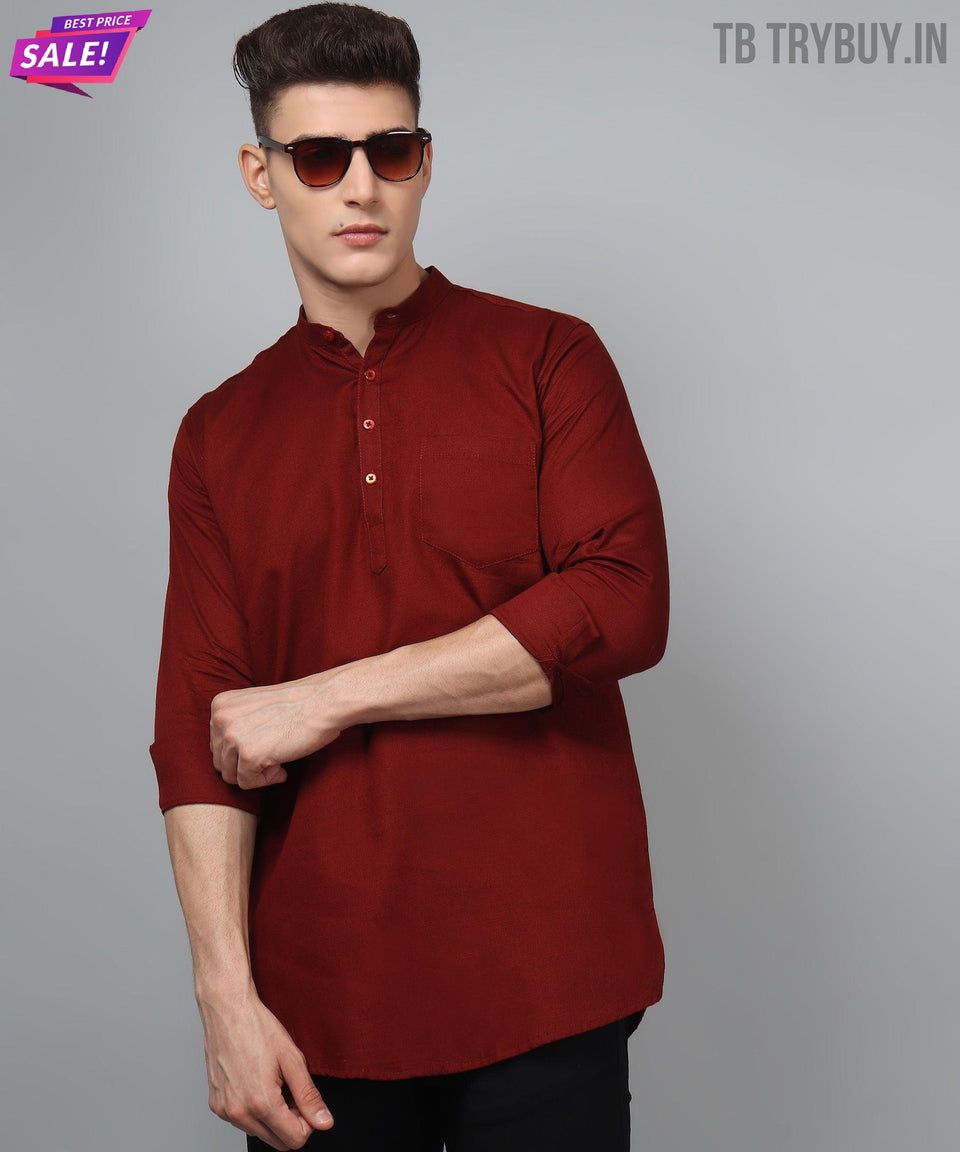 Maroon solid cotton kurta for men