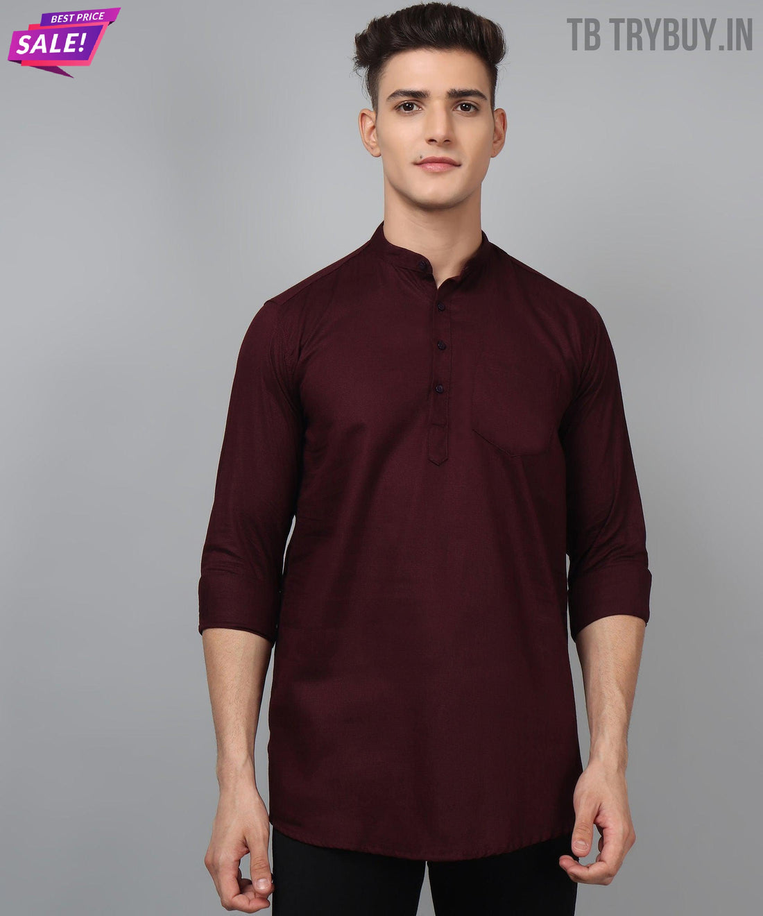 Wine red regular-fit cotton kurta for men