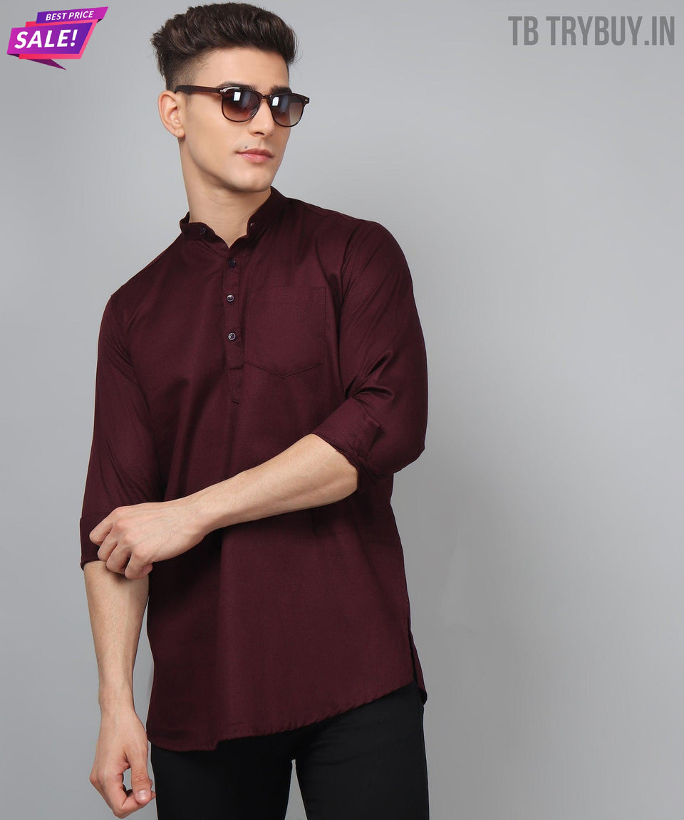 Wine red regular-fit cotton kurta for men
