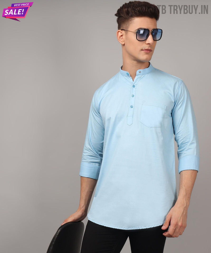 Men’s Sky Blue Regular Fit Cotton Kurta 3