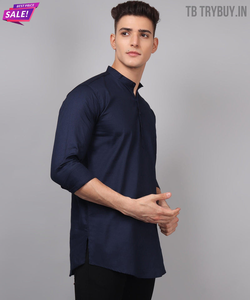 Men’s Navy Blue Regular Fit Cotton Kurta 4