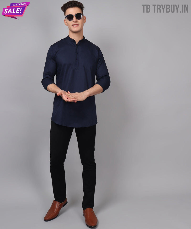 Men’s Navy Blue Regular Fit Cotton Kurta 3