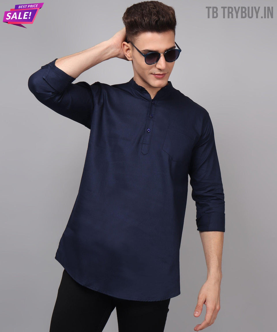 Navy blue solid cotton kurta for men