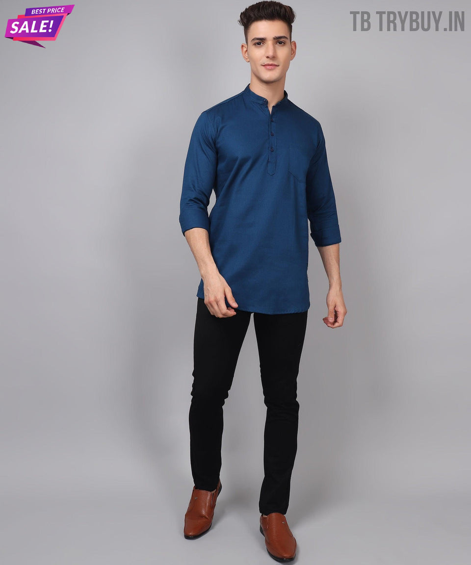 Blue solid cotton kurta for men