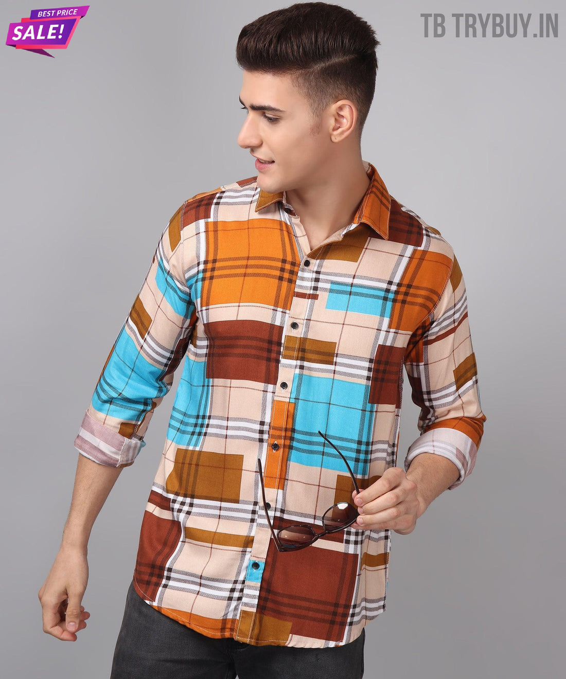 
a man wearing a plaid shirt and black pants
