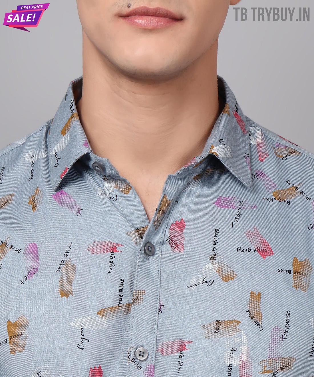 
a close up of a person wearing a blue shirt
