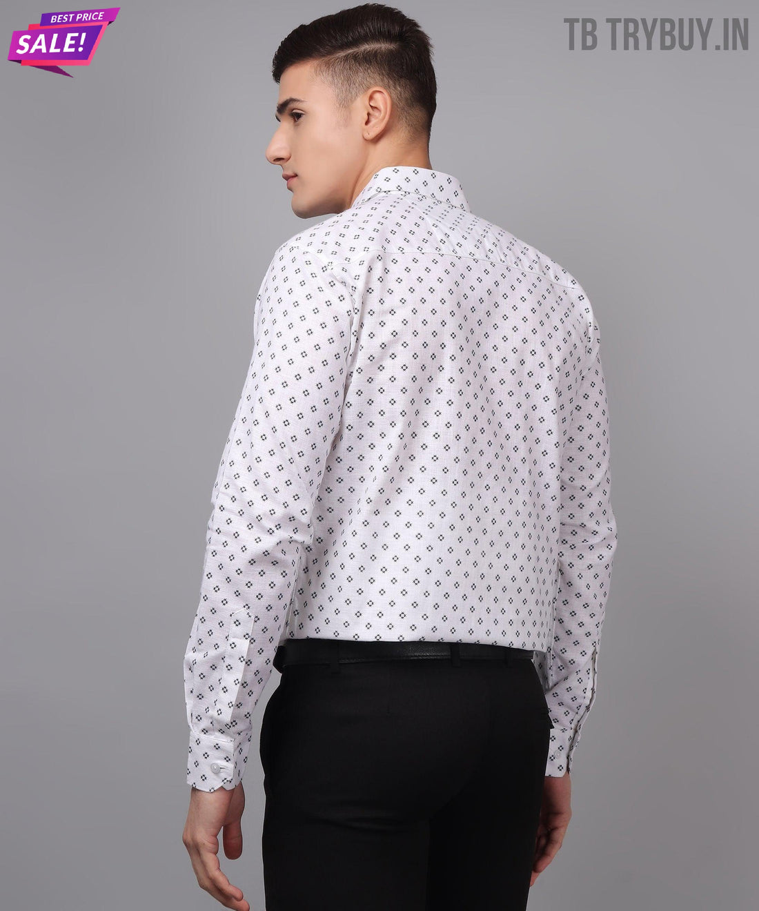 
a man wearing a white shirt and black pants
