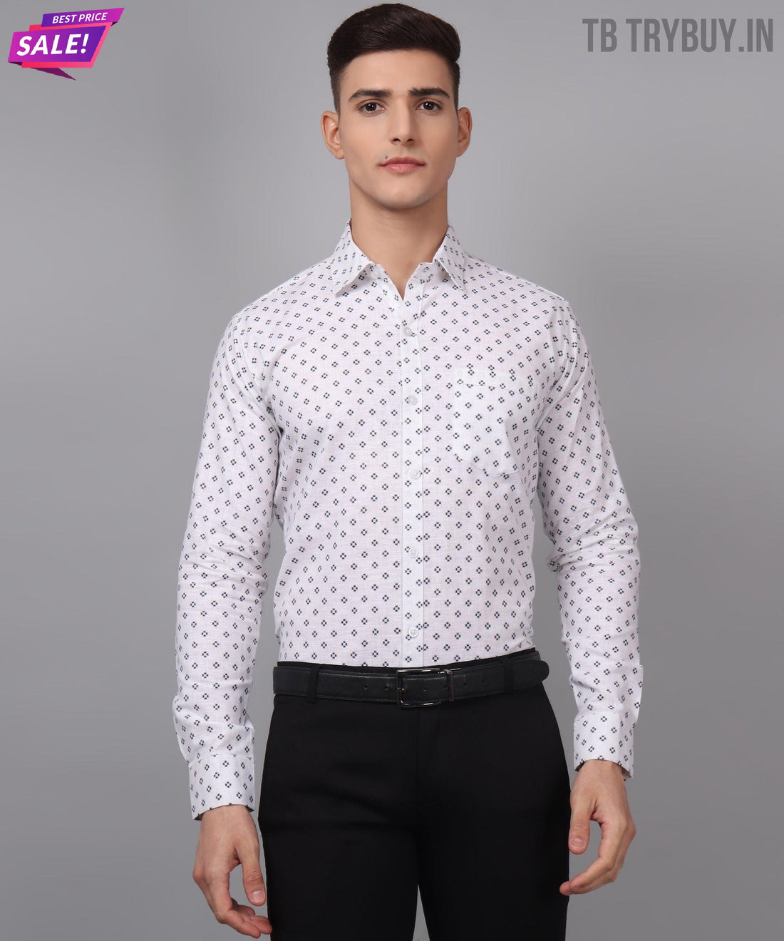 
a man wearing a white shirt and black pants
