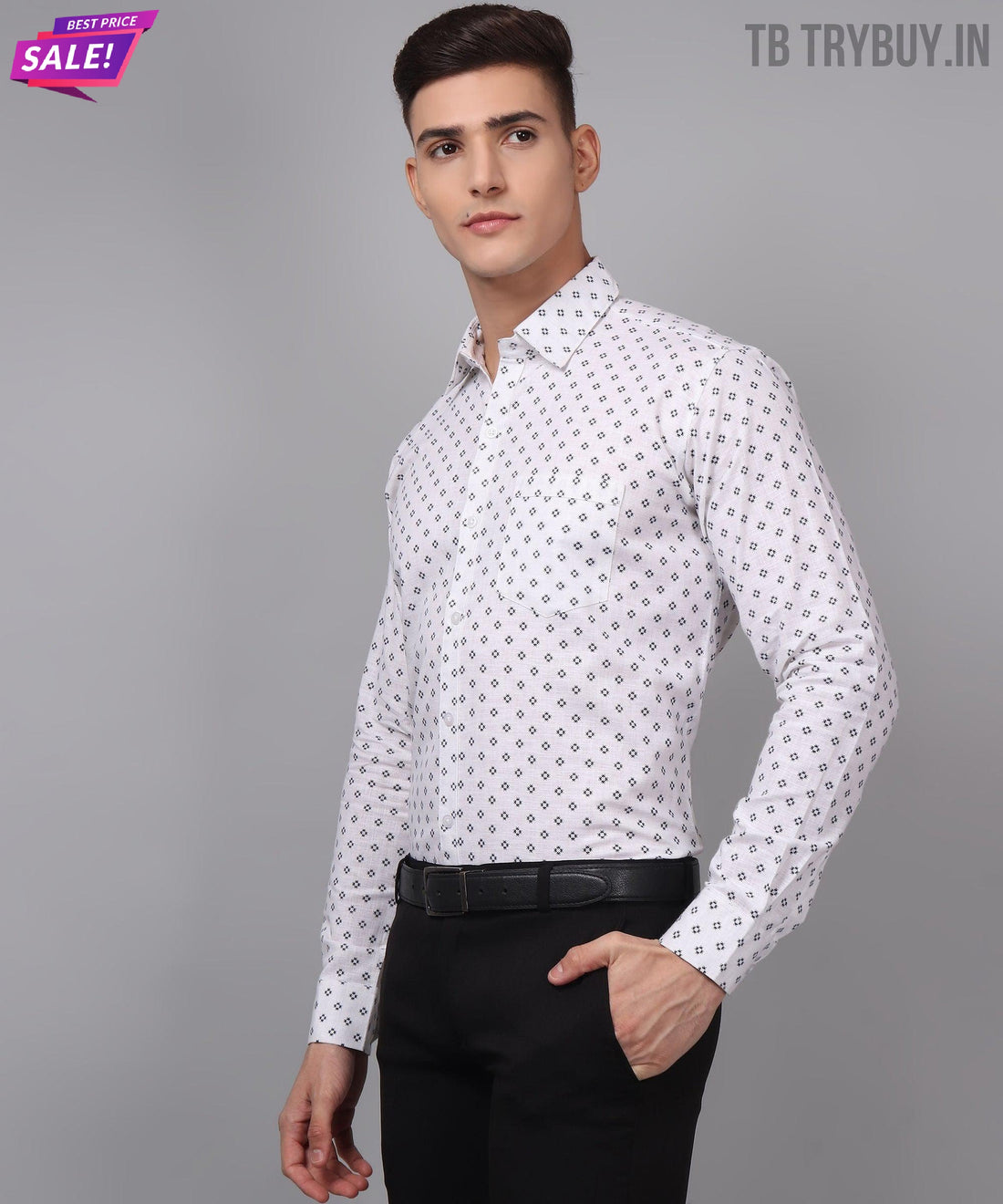 
a man wearing a white shirt and black pants
