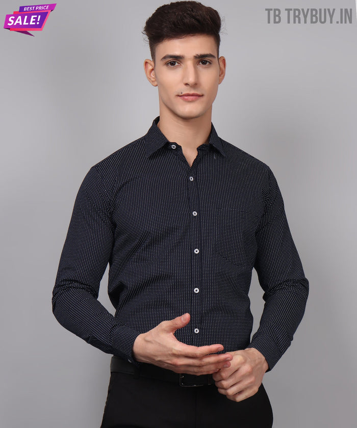 Navy Blue Dot Printed Cotton Shirt for Men 2