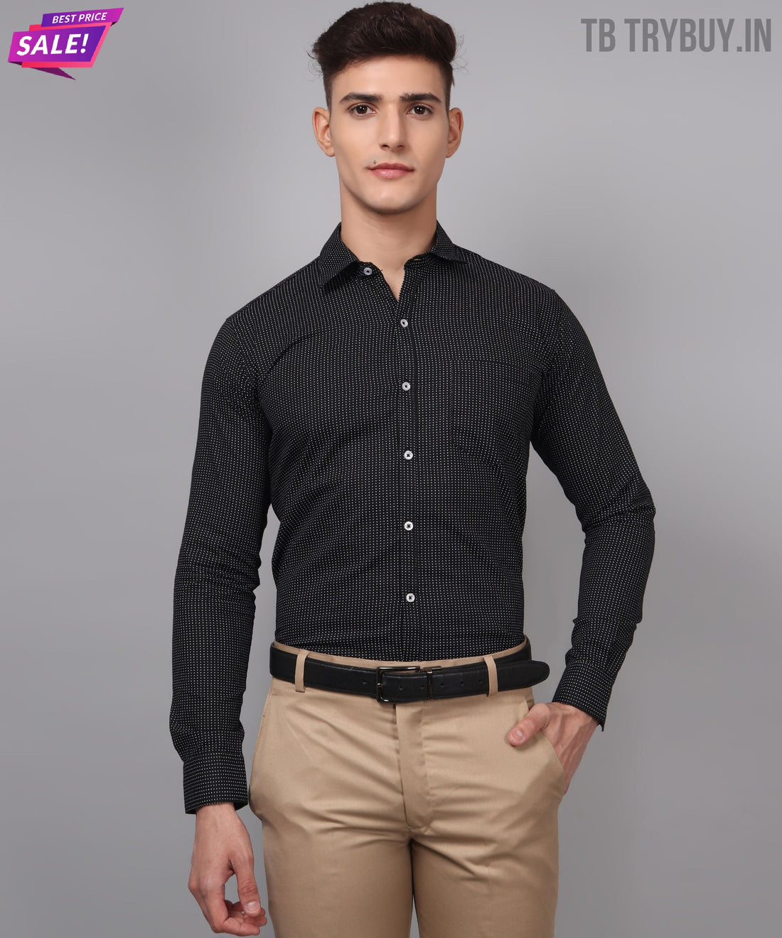 Men's black dot printed regular-fit shirt, product view
