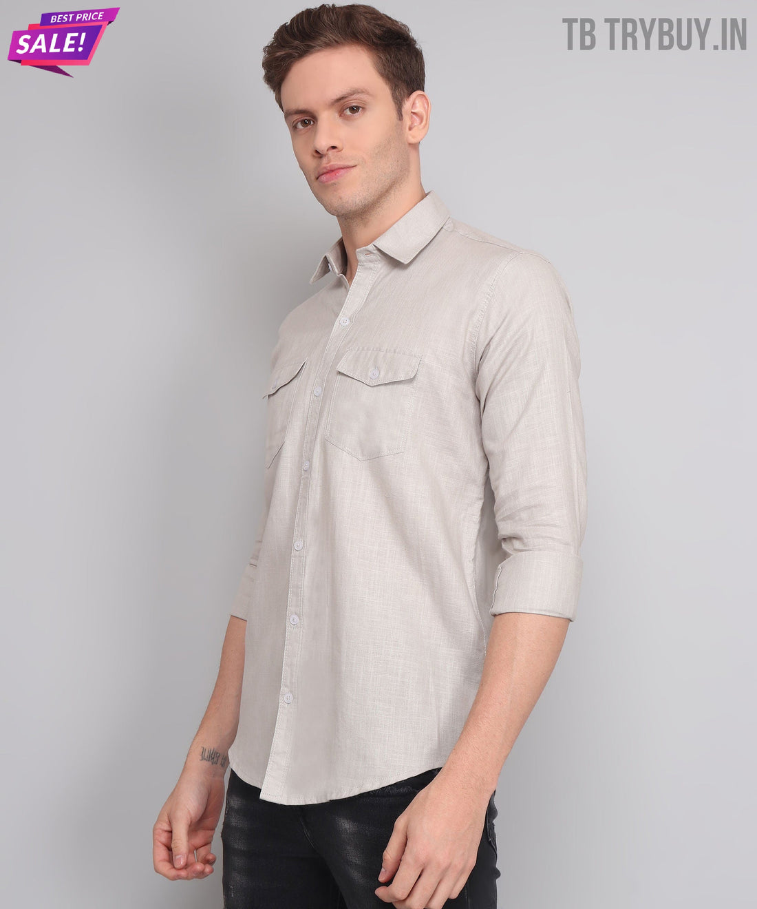 
a man wearing a white shirt and black pants
