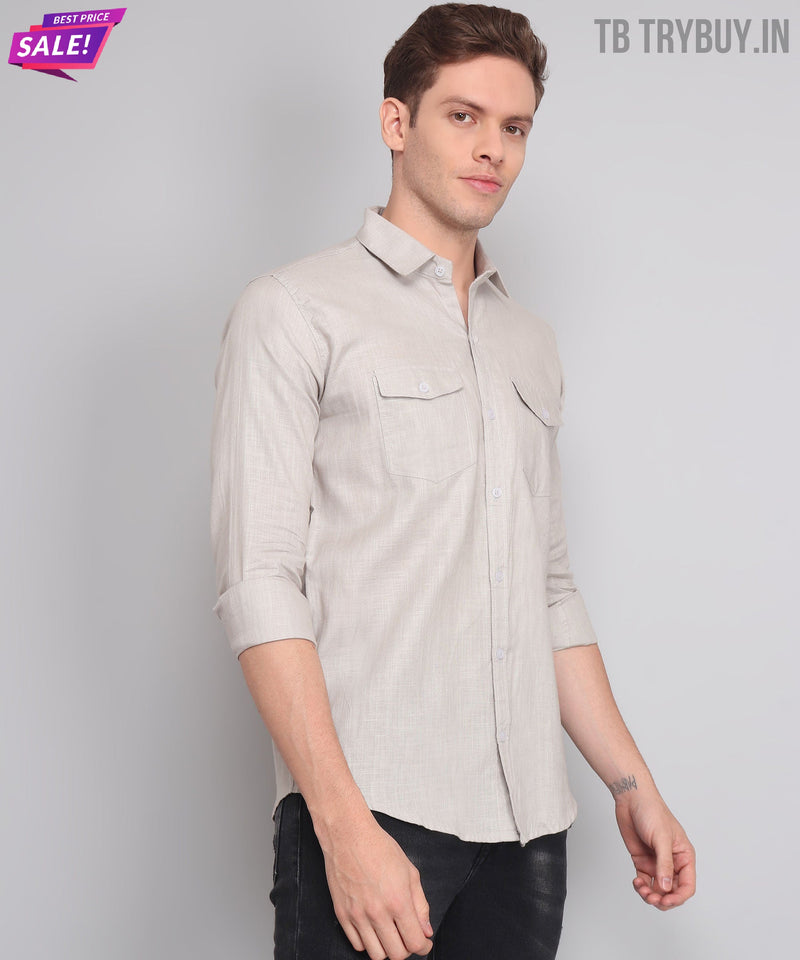 Grey Solid Double Pocket Men's Shirt 7