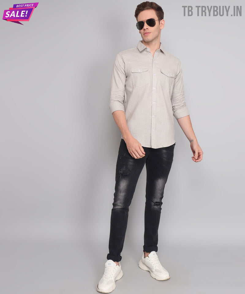 Grey Solid Double Pocket Men's Shirt 8