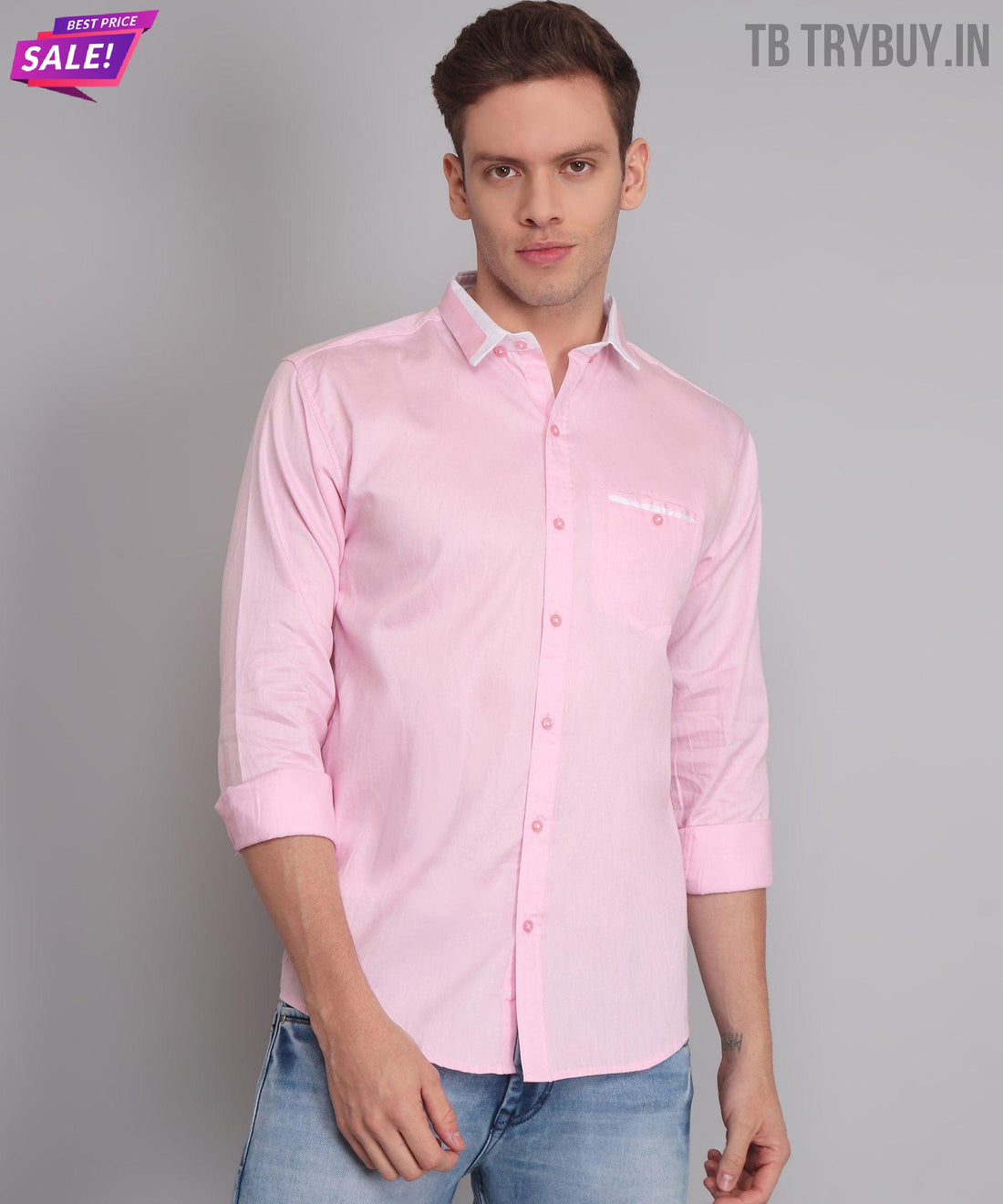 Men's pink solid regular-fit cotton shirt, product view