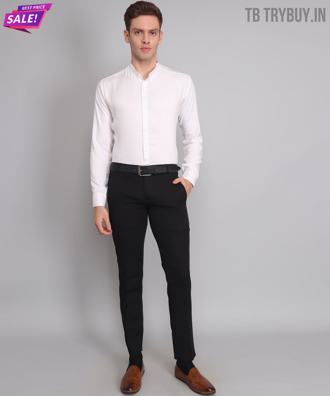 
a man in a white shirt and black pants
