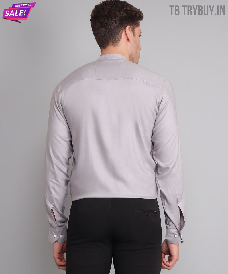 Silver Mandarin Collar Cotton Shirt for Men 9