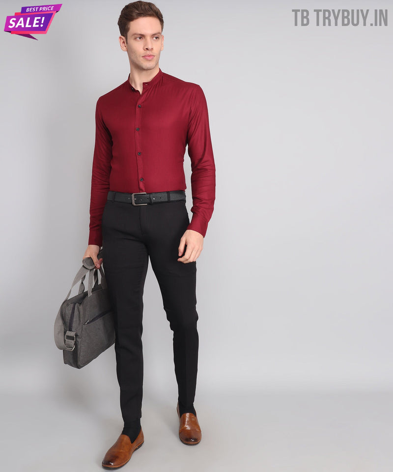 Maroon Stand Collar Cotton Shirt for Men 9