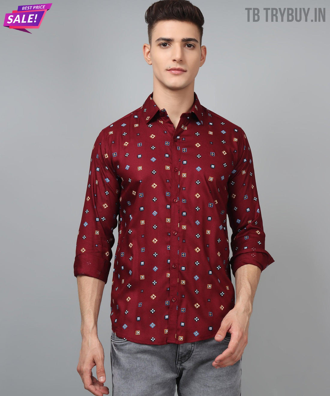 a man wearing a red shirt and jeans