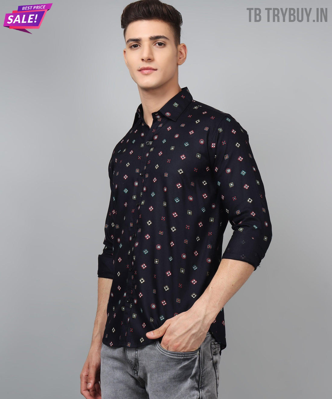 
a young man wearing a black shirt and jeans
