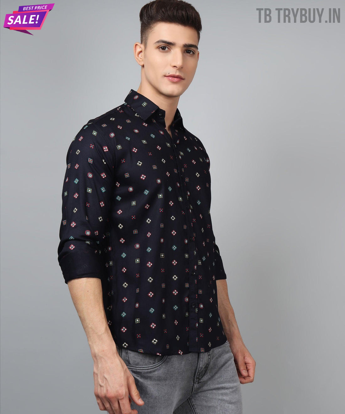 
a man wearing a black shirt and grey pants
