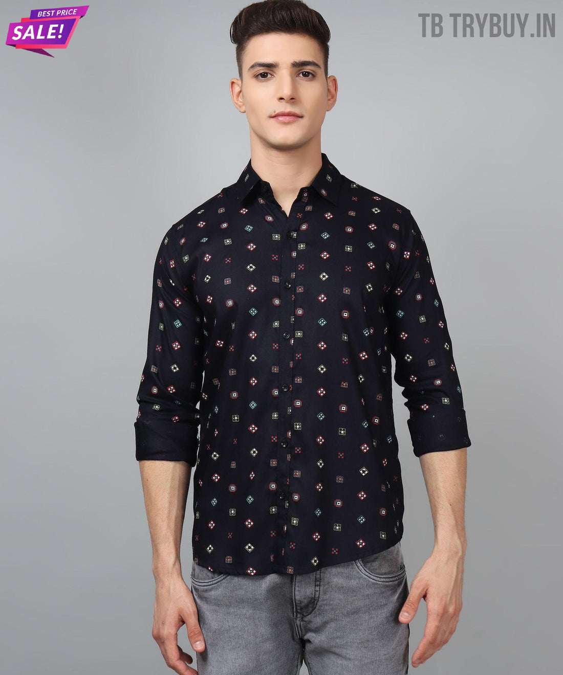 
a man wearing a black shirt with a pattern on it
