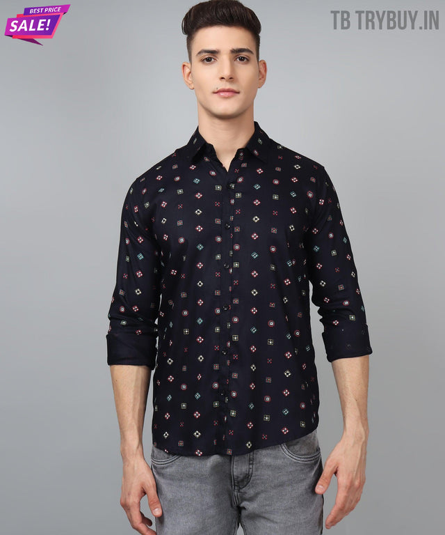 
a man wearing a black shirt with a pattern on it

