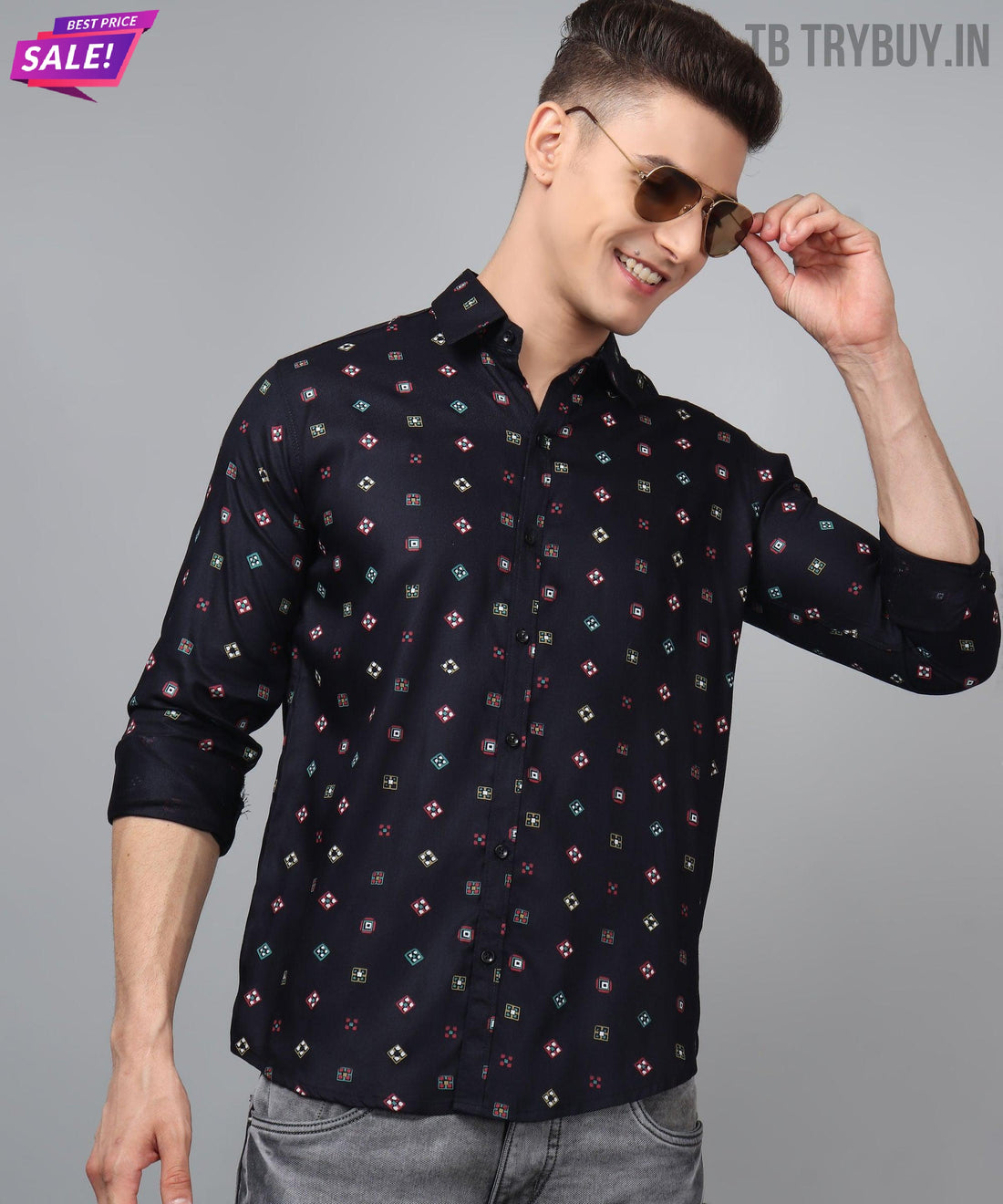 
a man wearing a black shirt and sunglasses
