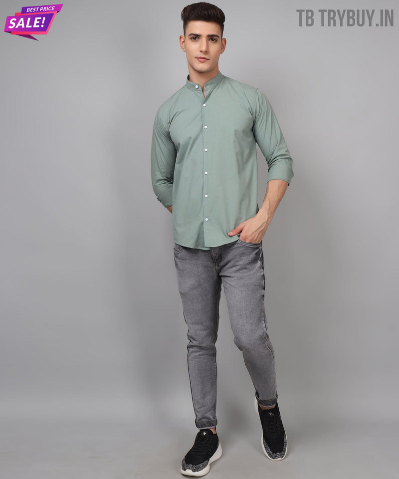 Ocean Green Cotton Mandarin Collar Shirt 4