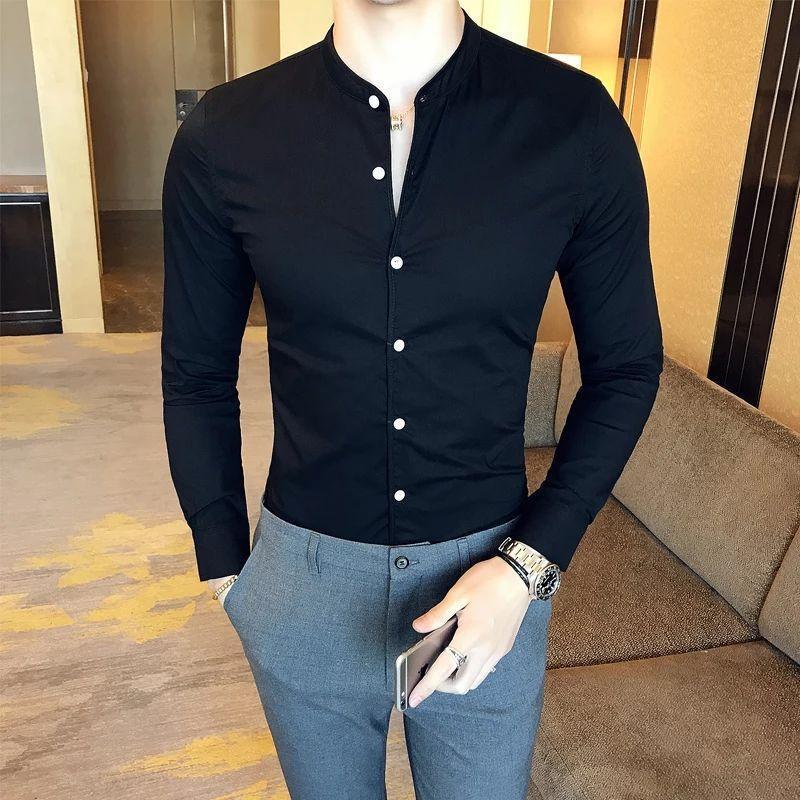 Black solid cotton Mandarin collar shirt for men