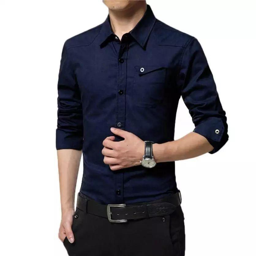 Navy blue cotton button-down shirt for men