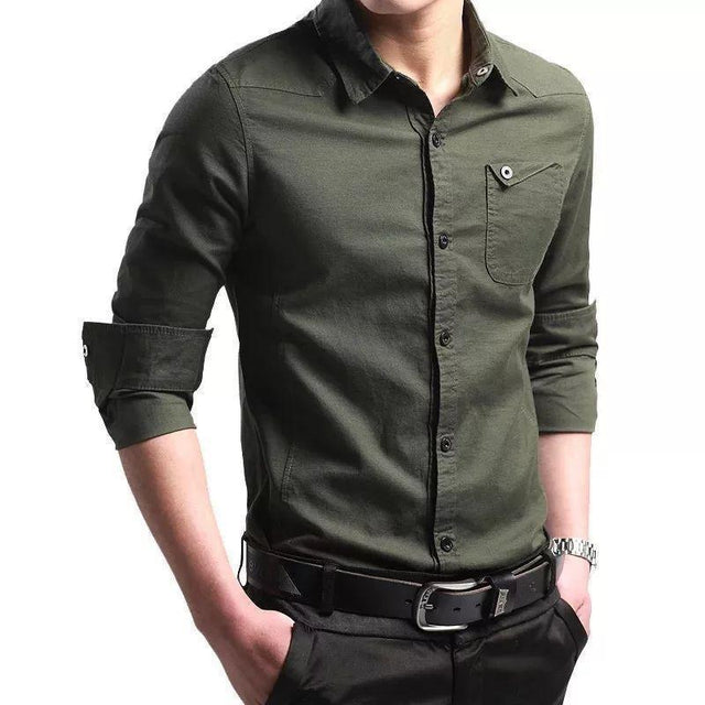 Army green solid cotton button-down shirt for men