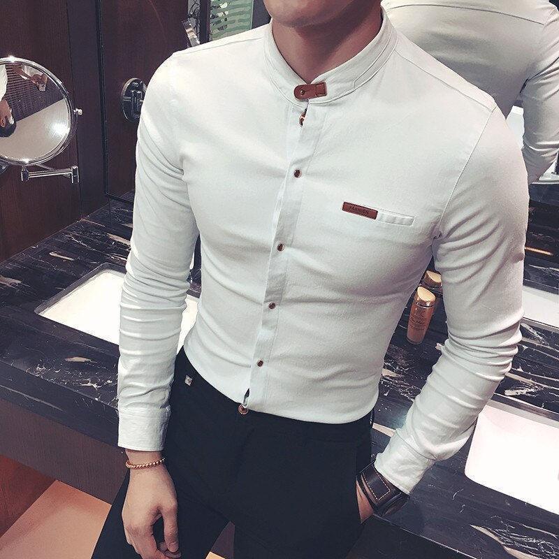 White stand-collar cotton shirt for men