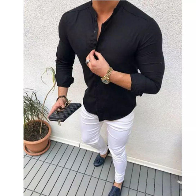 Black Mandarin Collar Cotton Shirt for Men