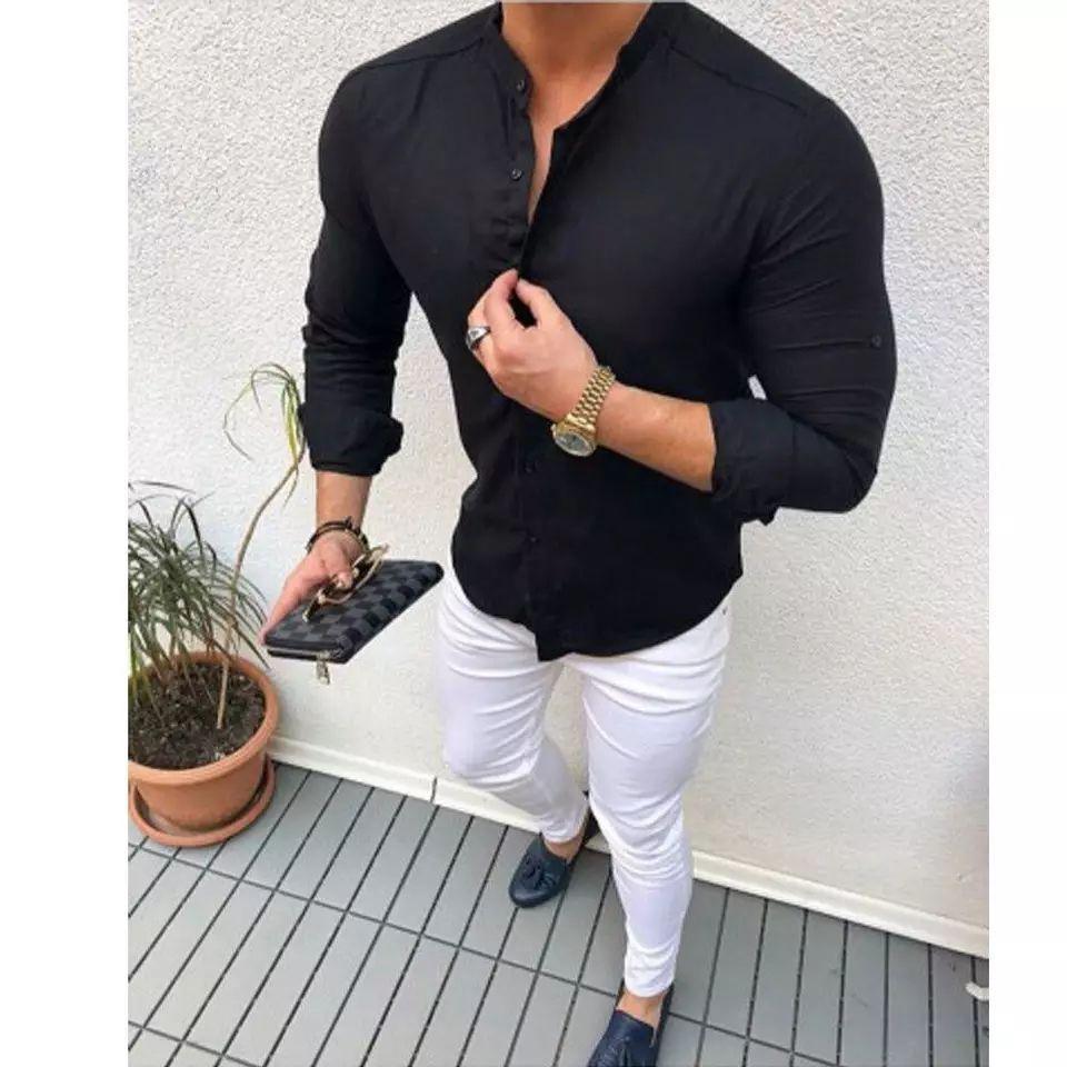 Black cotton Mandarin collar shirt for men
