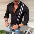 Black Mandarin Collar Striped Cotton Shirt for Men