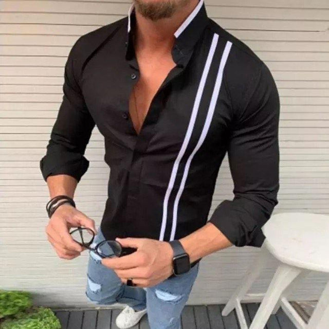 Black Mandarin Collar Striped Cotton Shirt for Men