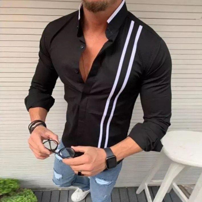 Black Mandarin Collar Striped Cotton Shirt for Men 1