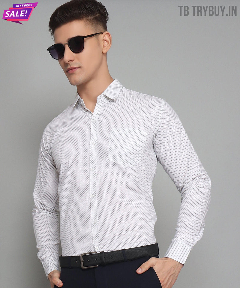 White Polka Dot Printed Cotton Shirt for Men 4