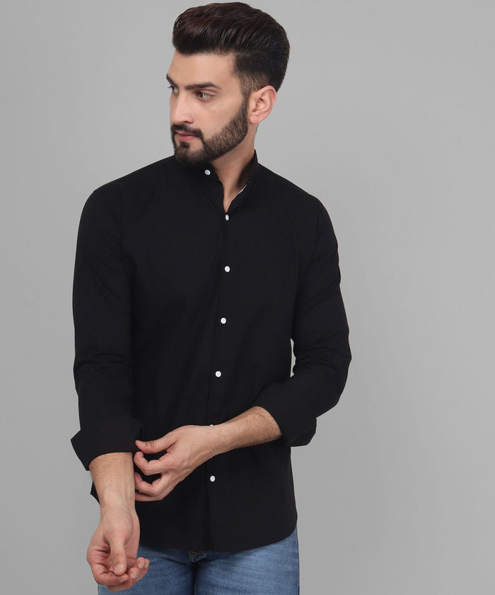 TryBuy Exclusive Men's Black Solid Band Casual Cotton Shirt 2